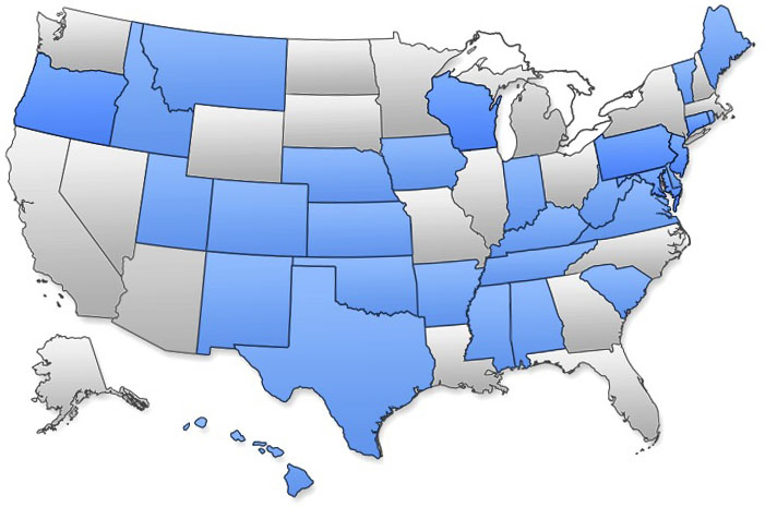 A map of the USA with all of the NIC portal states highlighted in blue.