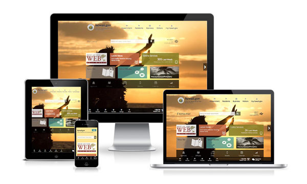 Hawaii portal website displayed on a smartphone, tablet, laptop, and large display